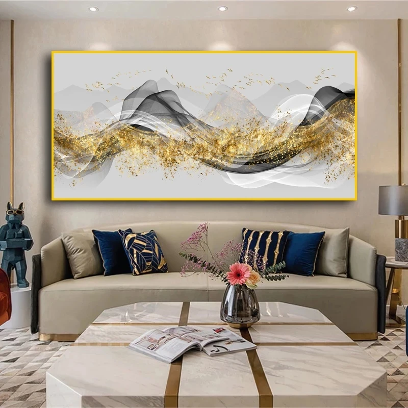 

Abstract Gold Gray Ribbon Painting Wall Art Posters Canvas Prints for Living Room Nordic Home Cuadros Decoration Wall Pictures