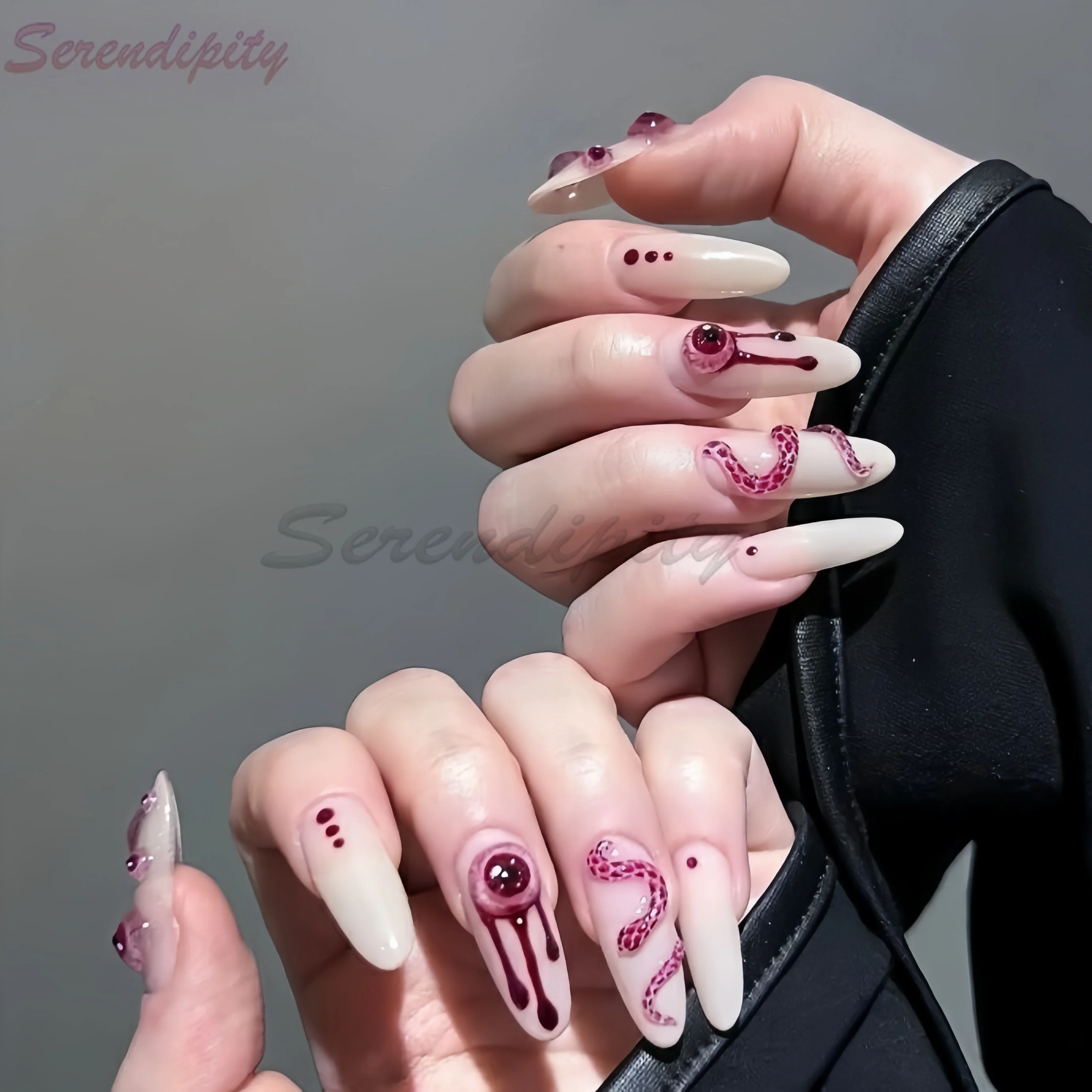 10Pcs Halloween Horror Hand Drawn Gothic Style Fake Nails Parasitic Beast Eyes Art Gradient Press on Nails Popular False Nails