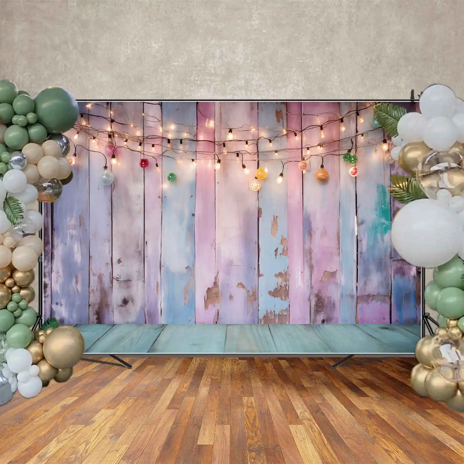 Maan. Qg Achtergrond Lampjes Roze Houten Bord Muur Blauwe Plank Vloer Fotografie Achtergrond Aangepaste Kinderfeest Fotocabine