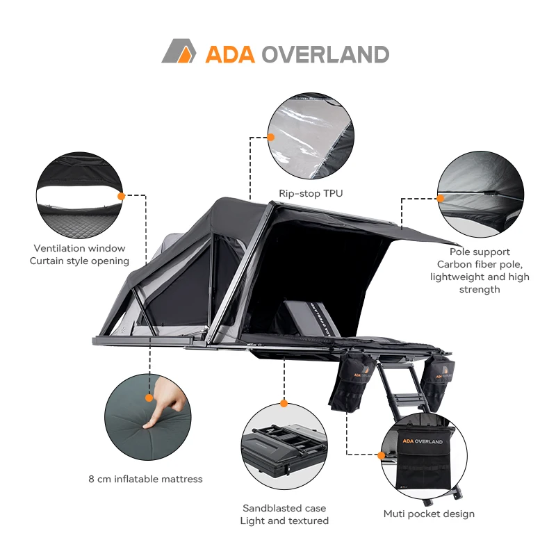 ADA OVERLAND Durable Hardtop Rooftop Tent Summer Lightweight UV Protection Triangle Pop-up Style for SUV Self-driving Outdoor