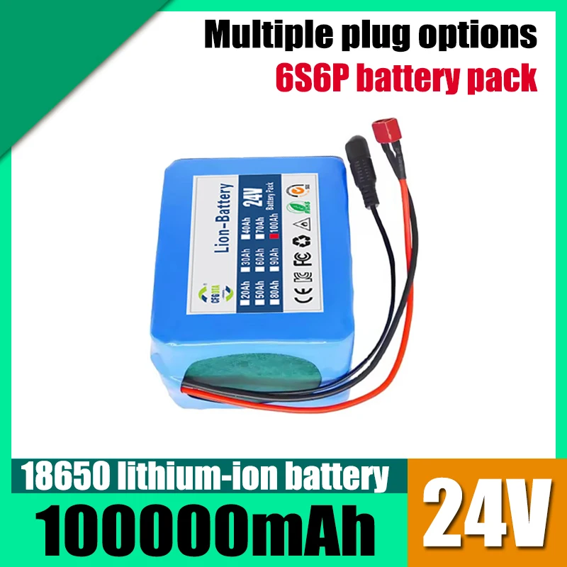Multiple socket options, 6S6P 18650 lithium-ion battery pack, 2A charger, 24V 100Ah, large capacity battery