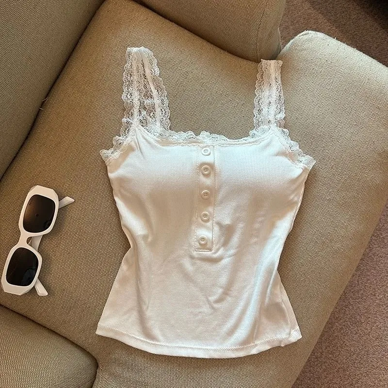Women's Lace Trim Button-Front Camisole with Built-in Bra Ribbed Slim Fit Spaghetti Strap Top