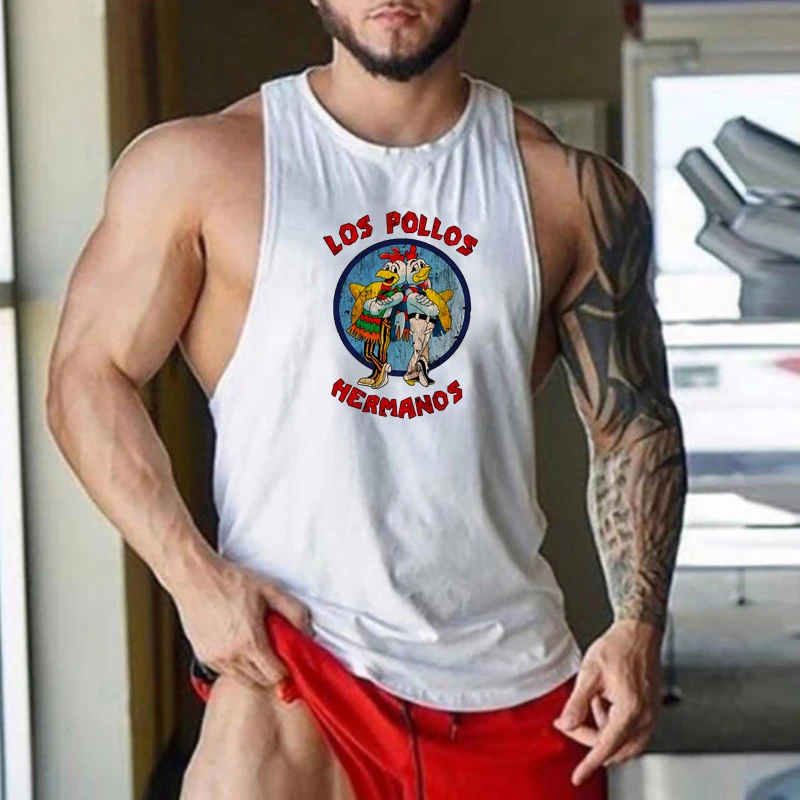 

LOS POLLOS Hermanos Funny Printed Vests Mens Bodybuilding Muscle Tank Tops Gym Fitness Sleeveless Cotton Breathable Loose Shirts