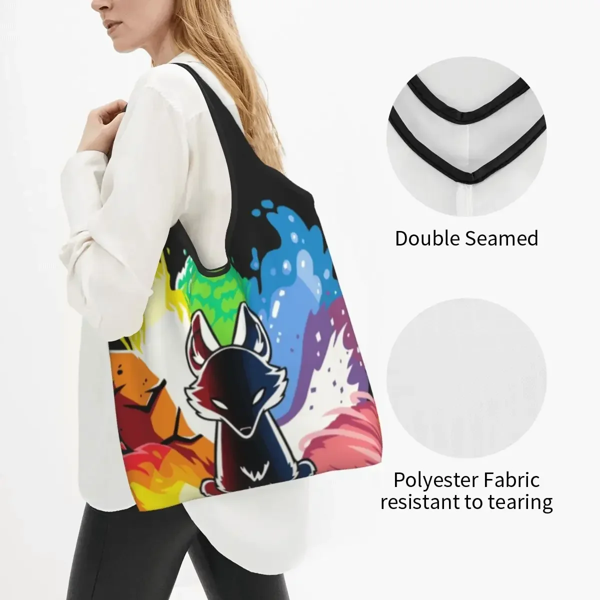 Reusable Kitsune Nine Tail Fox Shopping Bag Women Tote Bag Portable Japanese Art Grocery Shopper Bags