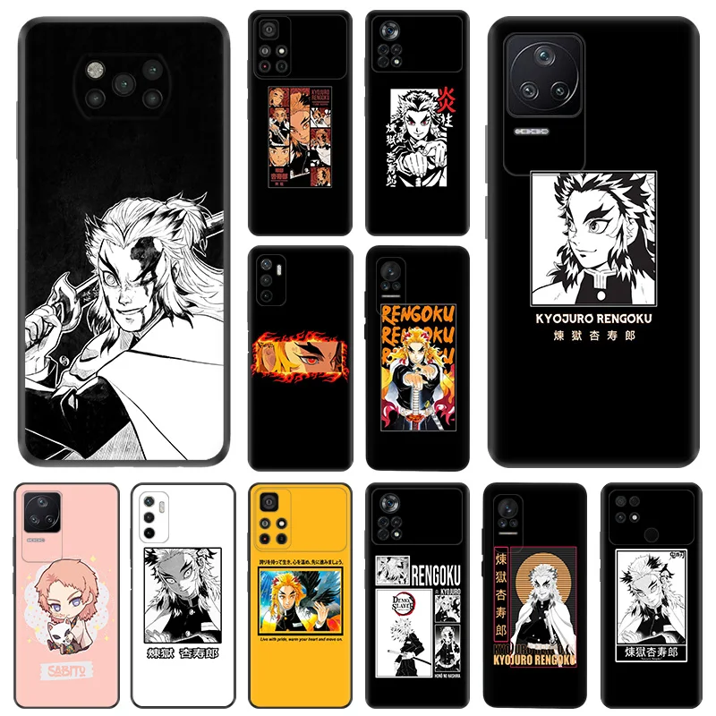 Matte Phone Case for Xiaomi Mi Poco F3 F4 F5 X3 X4 X5 M3 M4 Pro M5 C40 C50 C51 Rengoku Kyoujurou Demon Slayer Black Soft Cover