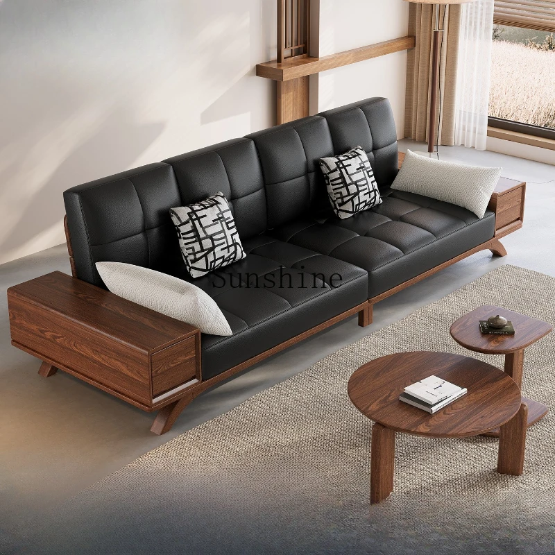 

Song aesthetic solid wood sofa living room household size apartment storage straight row leather art sofa