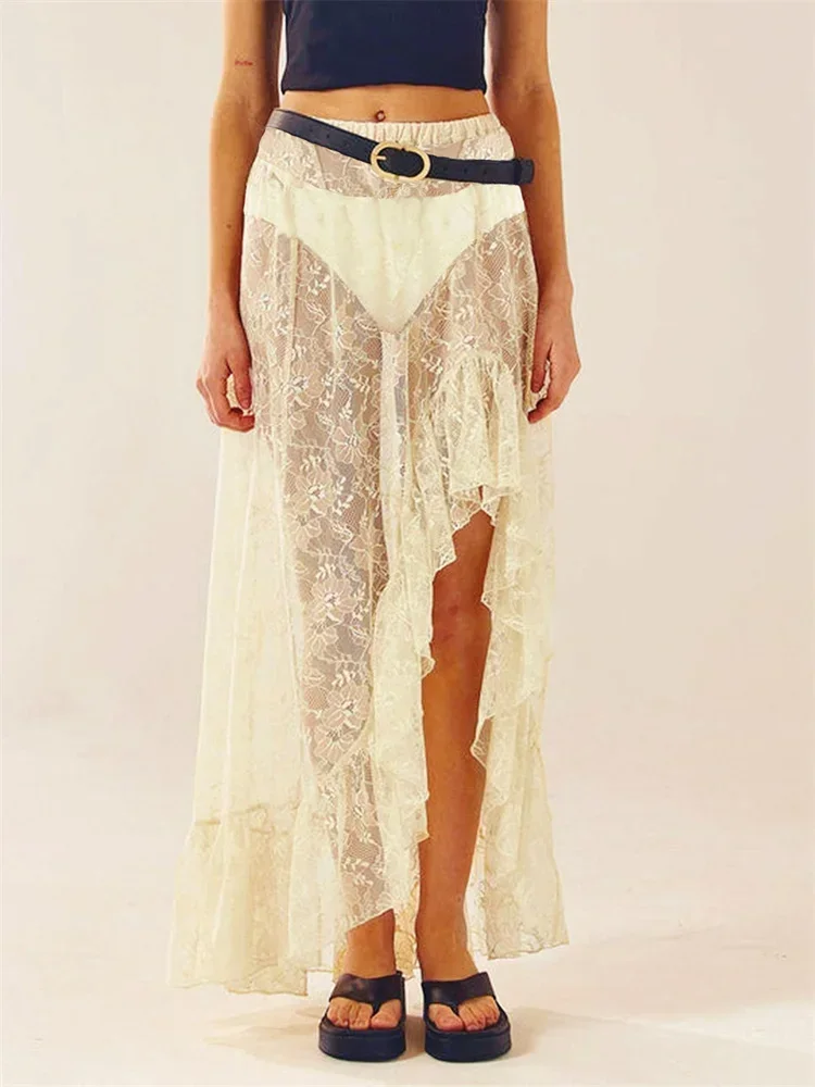 Women Sheer Lace Midi Skirts Elastic Waist Ruffle Frill Split Skirt See Through Summer Bohemian Retro Beach Sexy Streetwear
