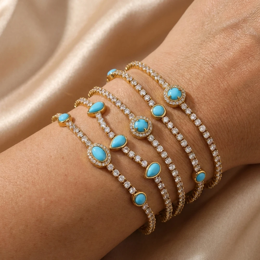 Boho Blue Stone Turquoise Stainless Steel Bracelet for Women Girl Luxury Zircon Chain Stackable Wrist Bracelets Party Jewelry ﻿