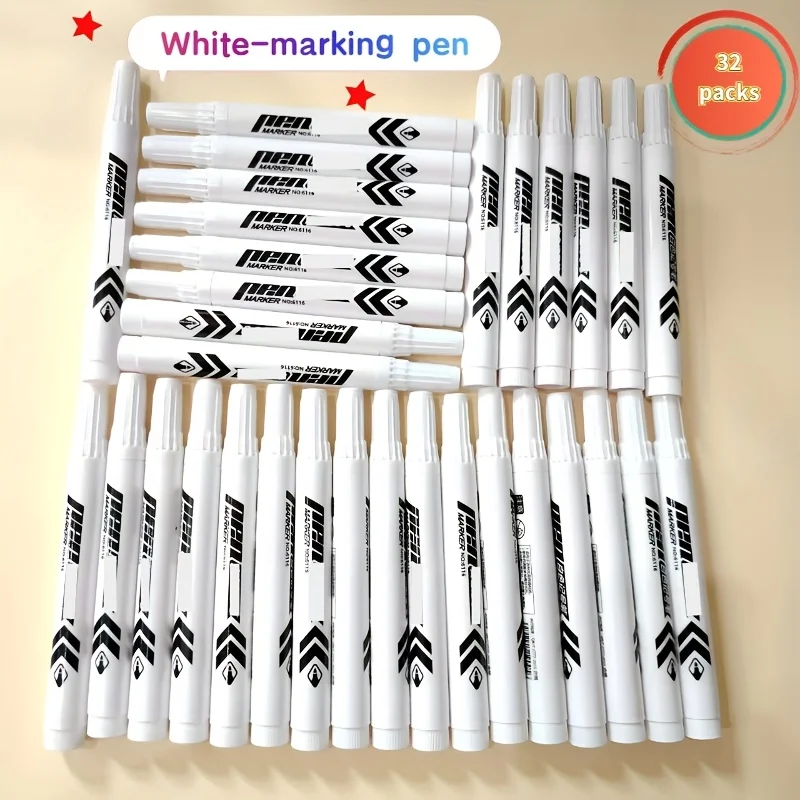 

32-Pack Heavy-Duty White Marker Pens | Quick-Dry, Waterproof, Non-Bleeding Oil-Based Ink for Drawing, Writing, Arts & Crafts