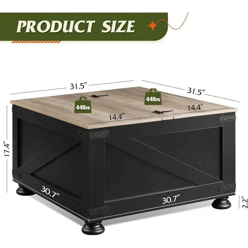 Farmhouse Lift Top Coffee Table With Storage, 31.5 Square Center Table, FlipTop Hidden Compartment, WoodGrain Coffee Table For