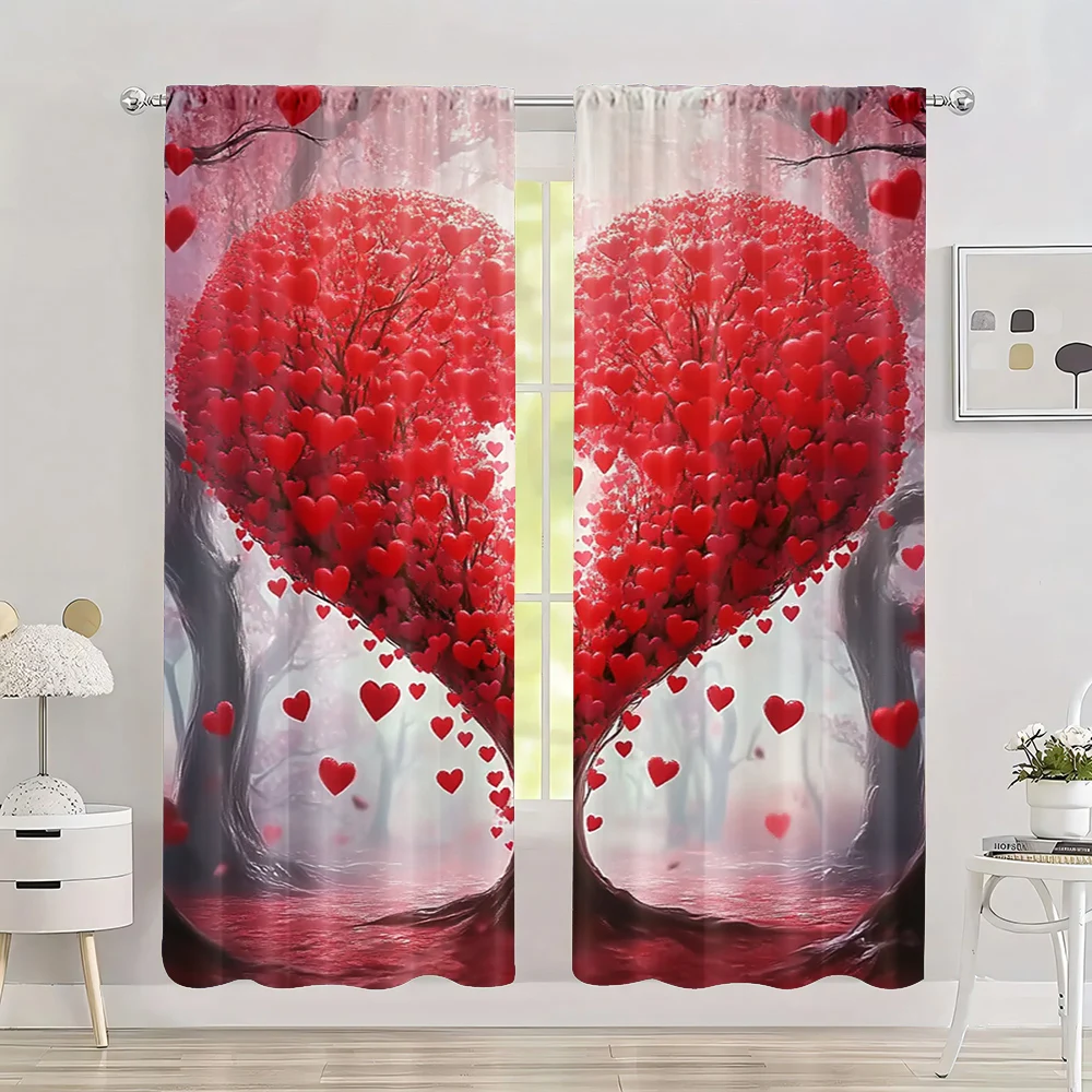 2pc,  Valentine's Day Window Treatment Curtains Dream Red Heart Tree Light Filter Festive Backdrops for Indoor Celebrations,