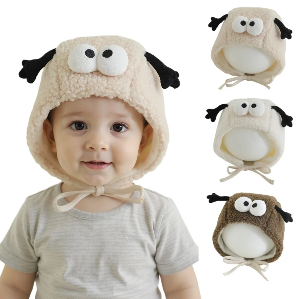 

New Plush Winter Baby Hat for Girls Boys Warm Fleece Tie Bonnet Hat with Big Eye Outdoor Windproof Thicken Kids Beanies Cap