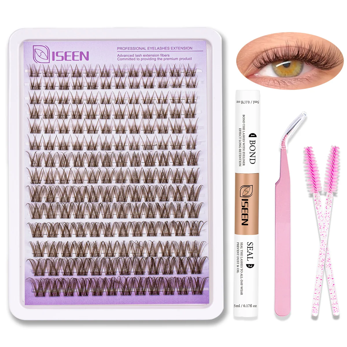 Kit de cils en grappes marron à tenue forte, kit d'extension de cils DIY avec colle et fixateur pour cils et pince à cils pour maquillage
