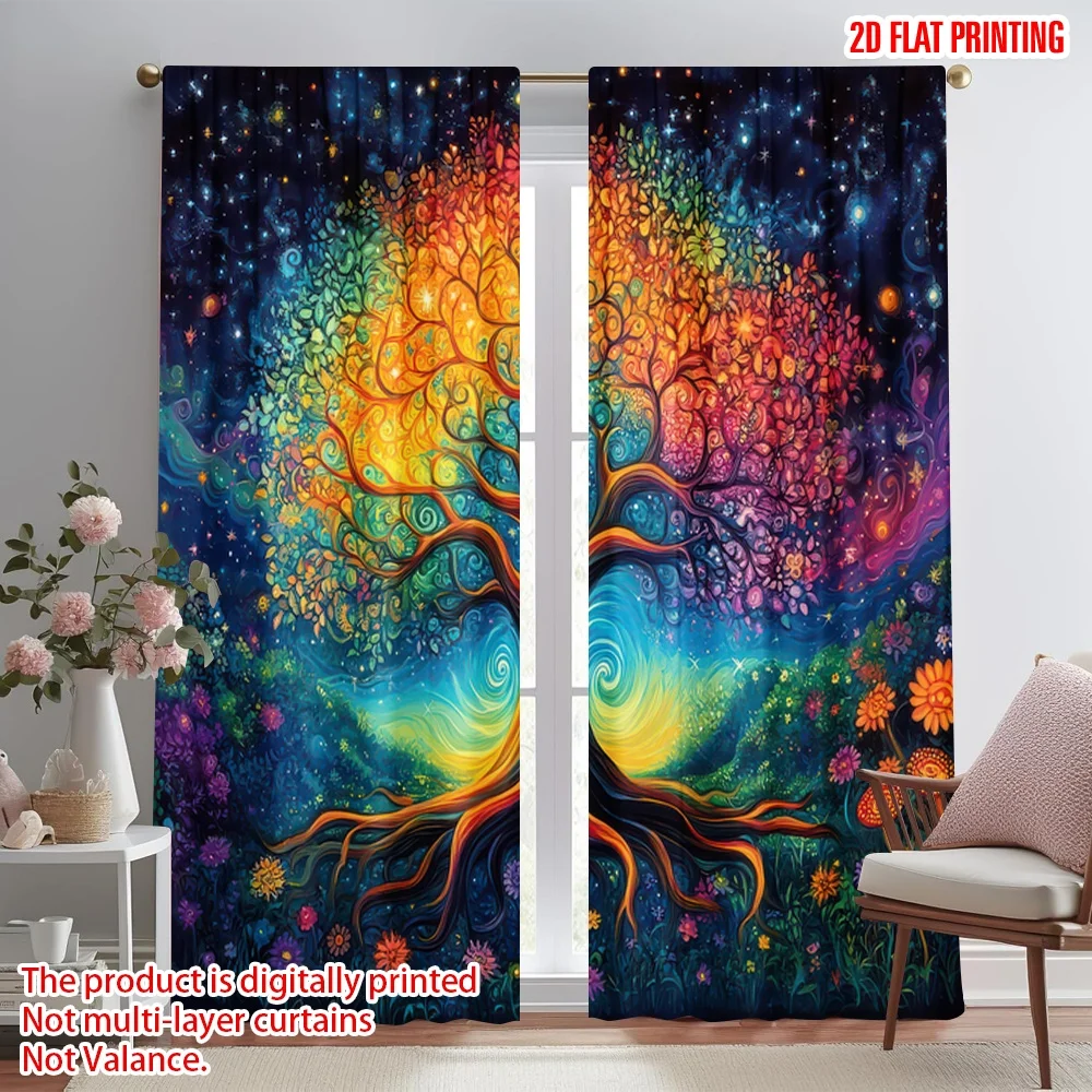 

2D flat printing 2pcs Drapes Colorful Cosmic Tree Digital Printed Polyester Drapes Festive Curtains for Indoor Celebrations Room