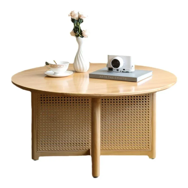 

Log Wind Solid Wood Rattan Round Coffee Table Small Apartment Living Room Household Furniture Wabi Sabi Wind Balcony Japanese Te