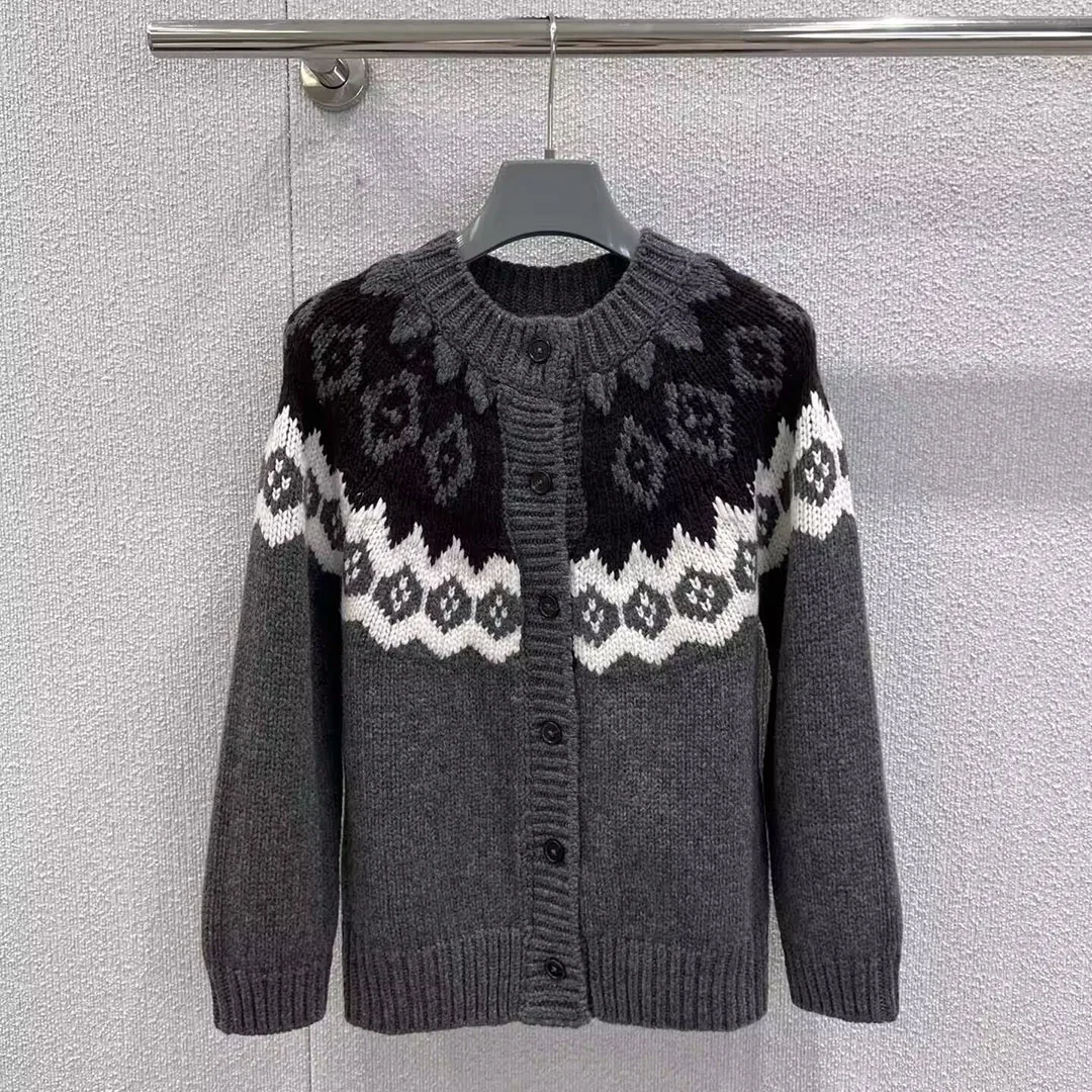 

New Autumn Winter Wool Cashmere Knitted Cardigans Women O-neck Contrasting Jacquard Long Sleeve Single Breasted Vintage Sweater