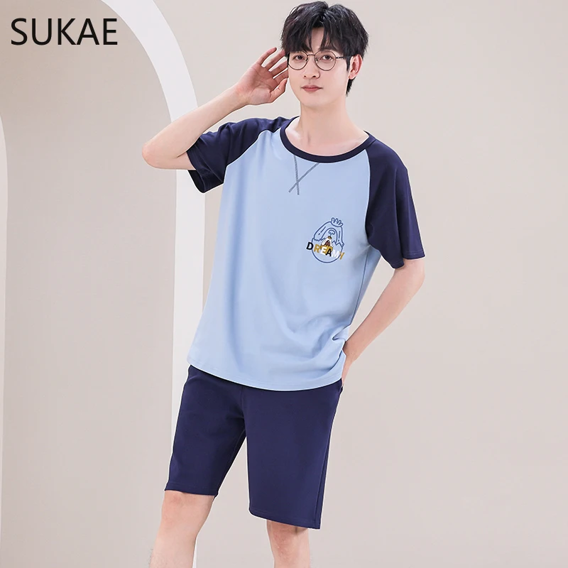 SUKAE-Conjunto de Pijamas de algodón para hombre, ropa de dormir de estilo minimalista, pantalones cortos de ocio para el hogar, ropa de dormir de