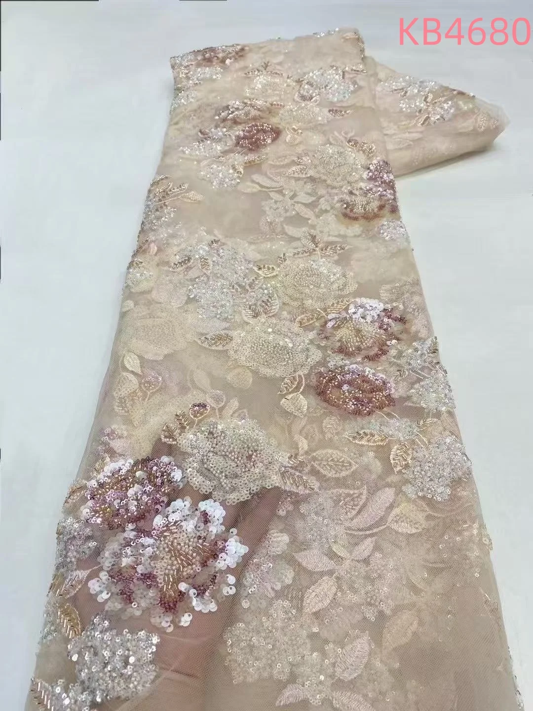 スパンコールチュールレースアフリカレース生地5ヤード高品質2025スカイブルービーズ付きフランスメッシュ、縫製用キラキラ装飾付きKB4680