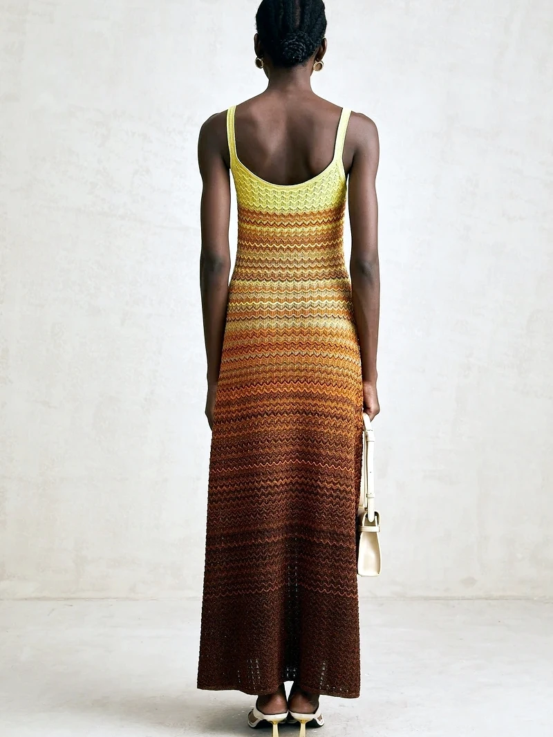 Luxury Brand Design Women Elegant Boho African Golden Sequins Maxi Sleeveless Evening Party Vacation Dress Knitted Lady Clothing