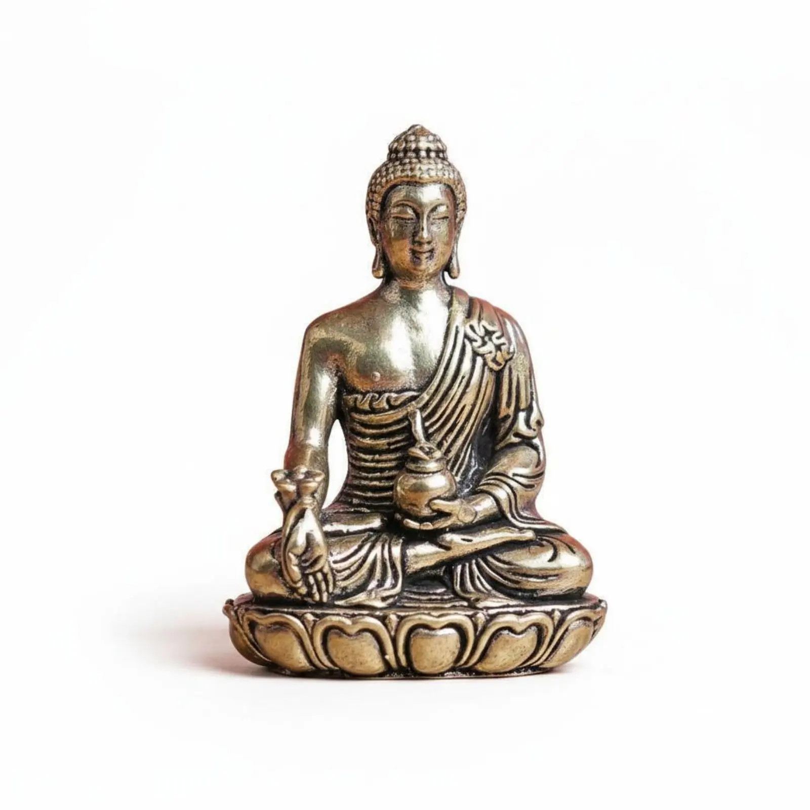 Brass Therapeutic Buddha Statue Artisanal Seated Buddha Sculpture on Lotus Base Home Decoration Vintage Design for Buddhists