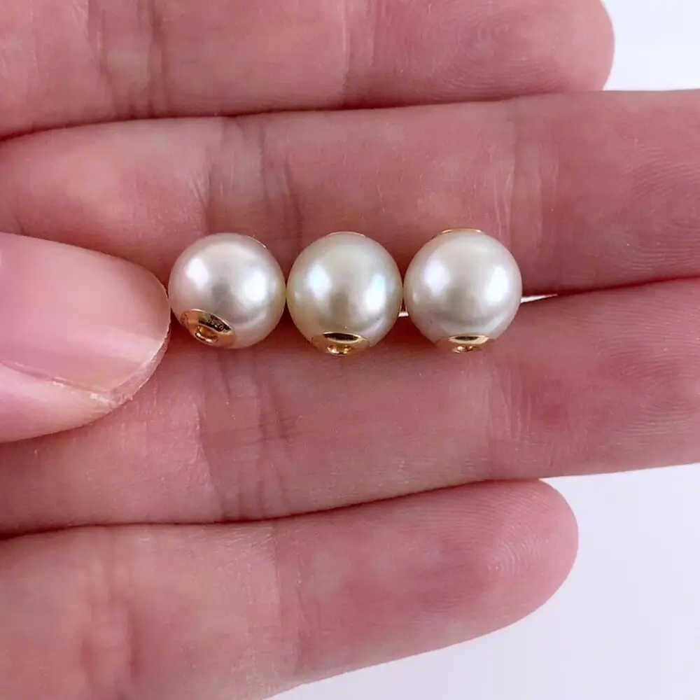 Set~Three White 8-9mm Japanese Akoya Pearl Loose Pearl 18K Yellow Gold,Full Drilled  beads for jewelry making  beads