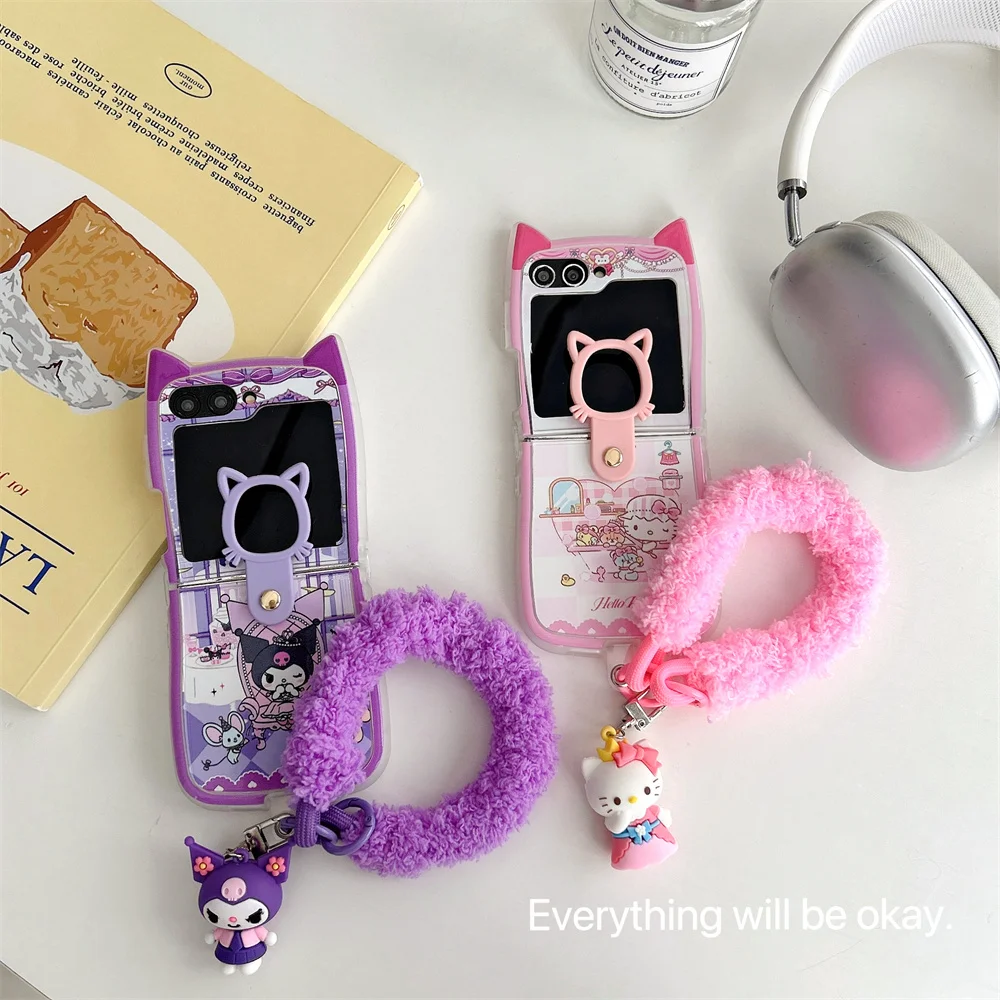 

Lanyard Phone Case Cute Sanrio Hello kitty Kuromi Samsung For Z Flip 3 4,Z Flip 5,Hard Anti-fall Back Cover Z Flip 6 Cartoon