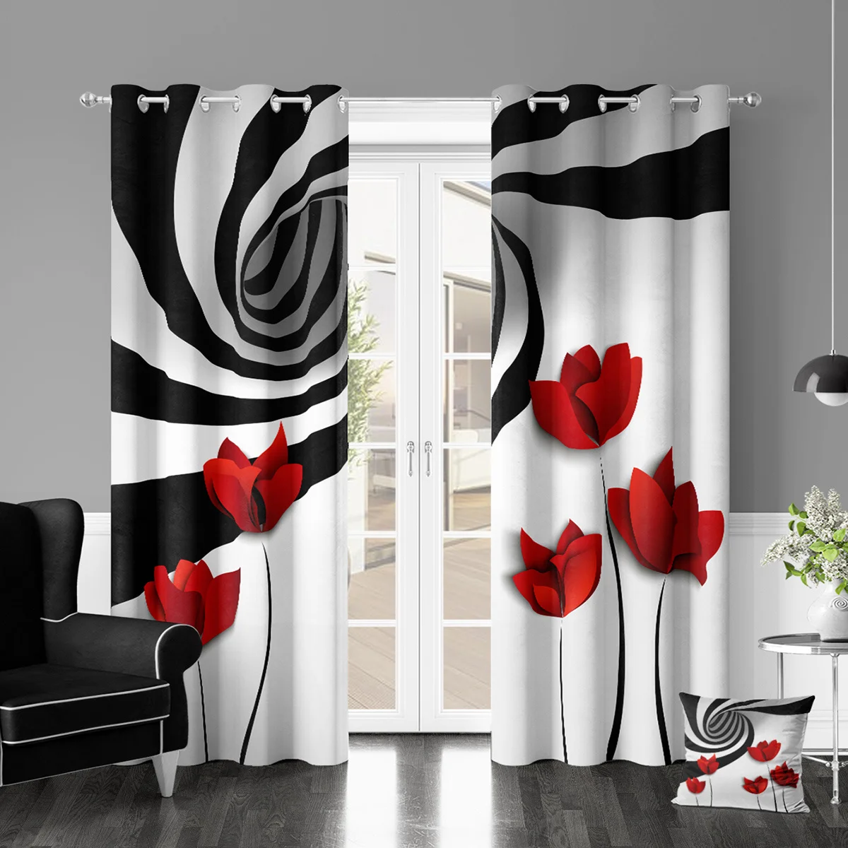 Spiral Circle Red Flower Abstract Window Curtains Blinds For Living Room Kid Bedroom Bathroom Kicthen Office Door Home Decor2Pcs