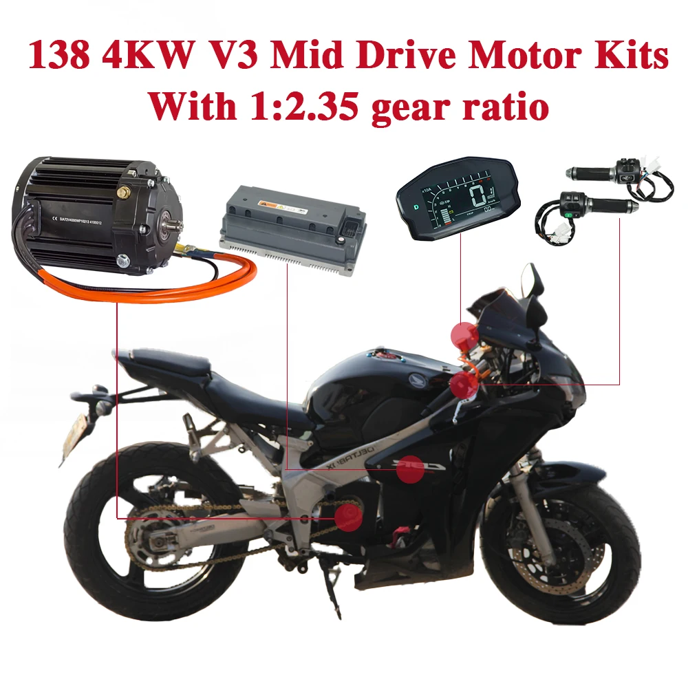 

QSMOTOR QS138 90H V3 4KW Комплект двигателя со средним приводом 1:2,35 Коробка передач EM200-2SP 600A Пик для электрического велосипеда ATV