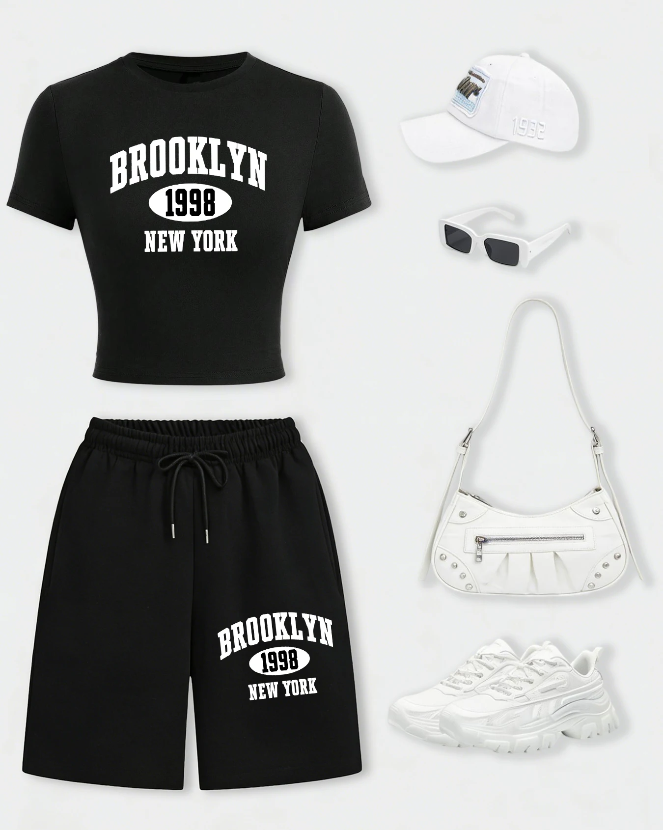 

Brooklyn New York 1998 Print T-Shirts Set Woman Cotton Breathable Crop T Shirt Wide-Leg Gym Shorts Summer Y2K Pocket Pants