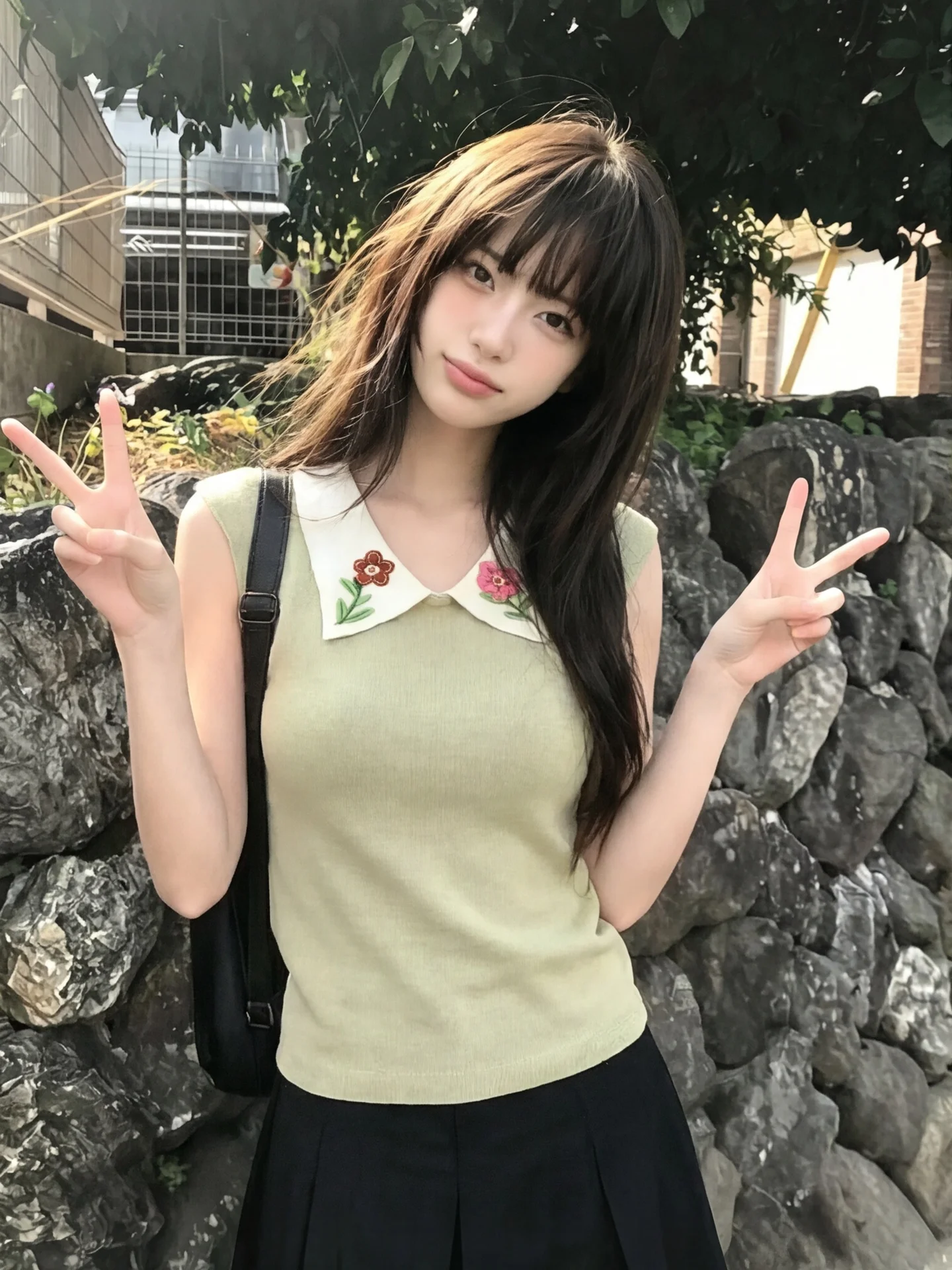 

Elegant Green Embroidered Flower Neck Sleeveless Knitted Top Women Summer Slimming Slim Fit Stylish Soft Korean Style