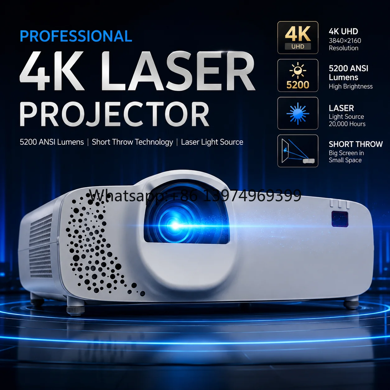 ODM 4K Laser Short Throw Projector 5200 ANSI Lumens Home Theater Built-In Speakers Portable 2-Year Warranty MX-LK5200ST