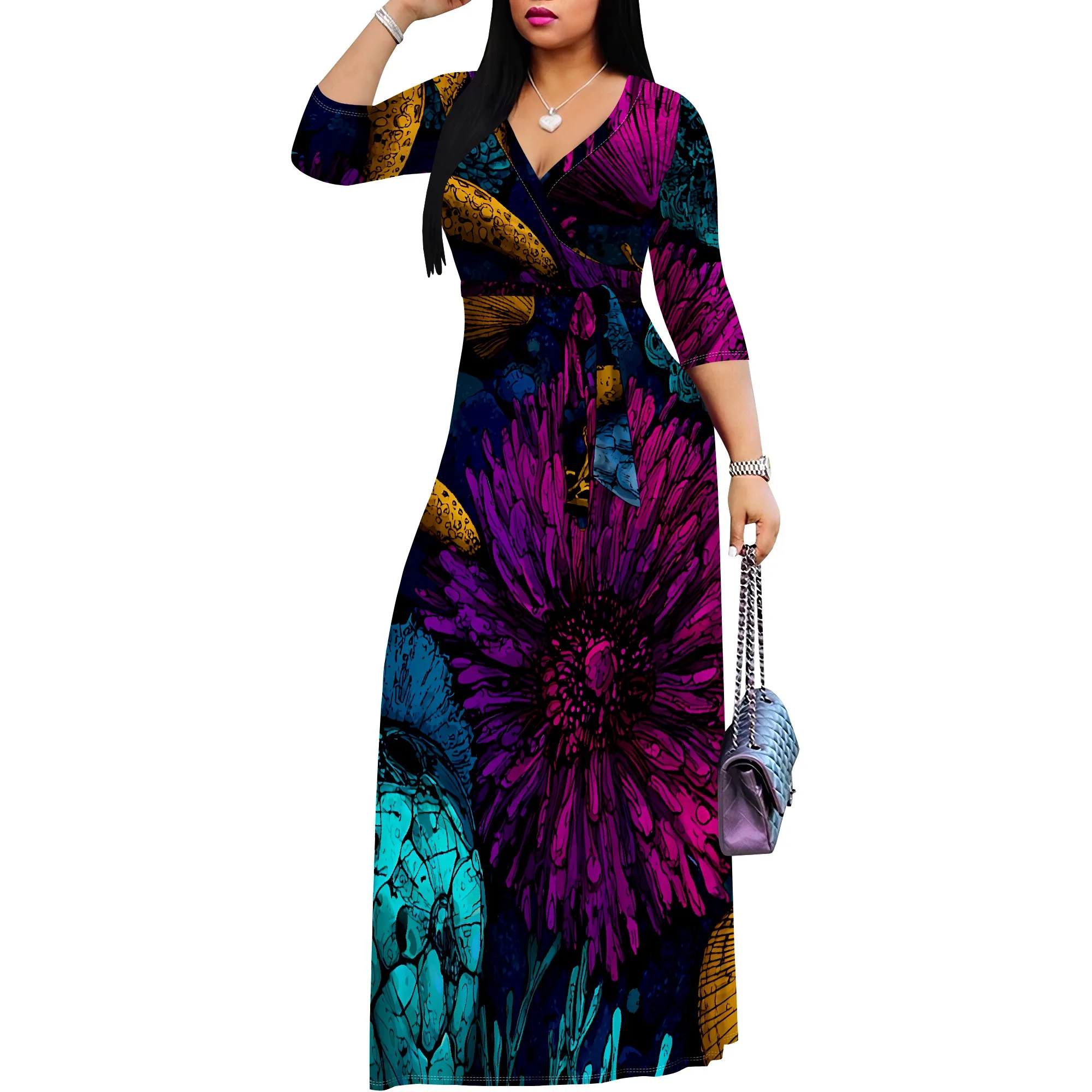 Vestido maxi feminino com decote em V e manga 3/4 com bolso e cinto