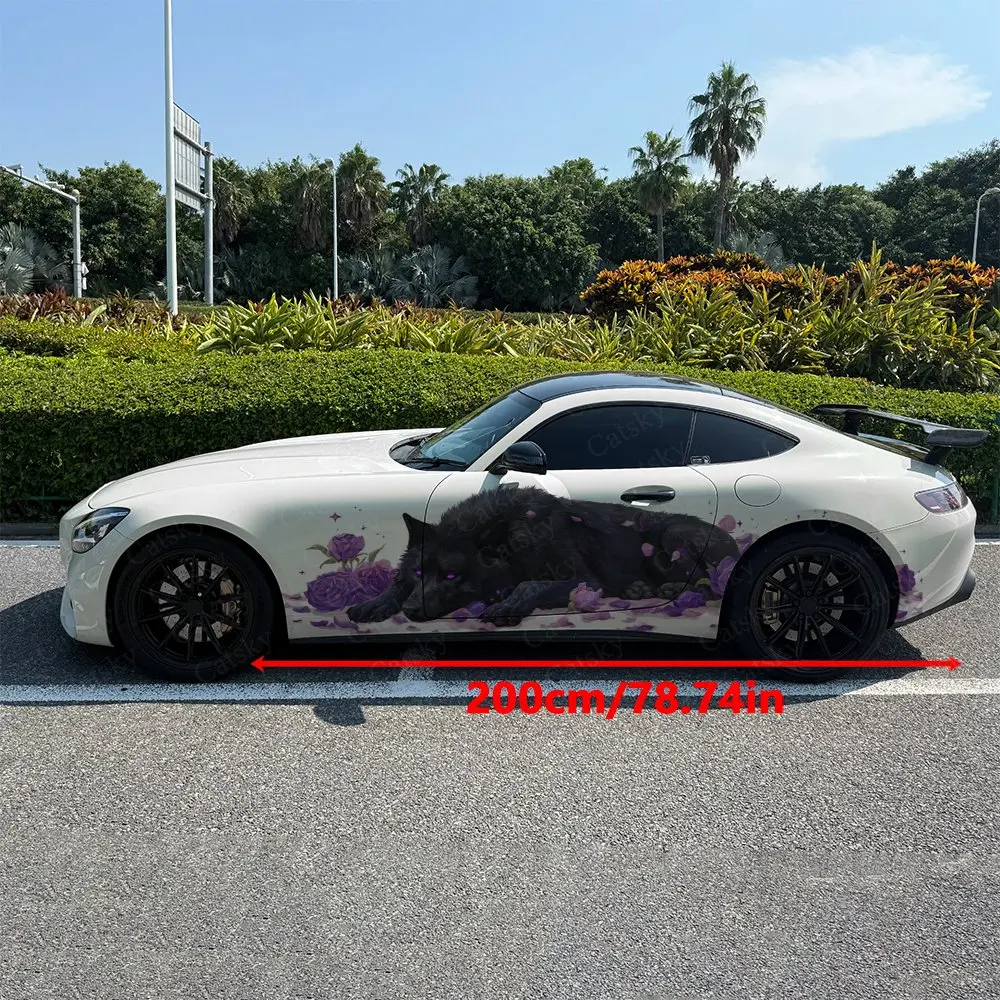 2pcs Violet Blossom Slumber Black Wolf Car Side Wraps, Self-Adhesive PVC Waterproof & Scratch-Resistant Stickers, Car Accessory