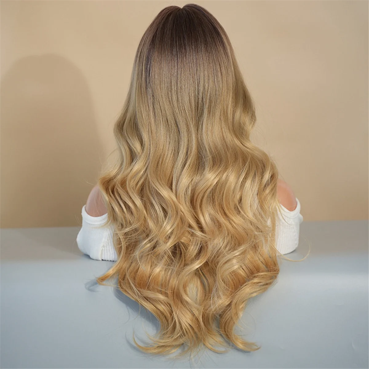 Brown Blonde Highlight 63cm European American Wig Long Curly Hair Medium Parted Full Head