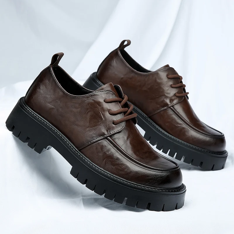 Men's Fashion Genuine Leather British Style Thick Bottom Work Shoes Classic Lace Up Comfortable Anti Slip Big Head Leather Shoes
