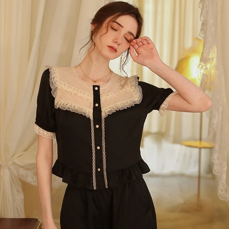 SXTHAENOO Vintage Lace Pajamas Set for Women Summer Cool Short-sleeved Short Trousers Pijama Mujer Two Pcs Suit пижама женская