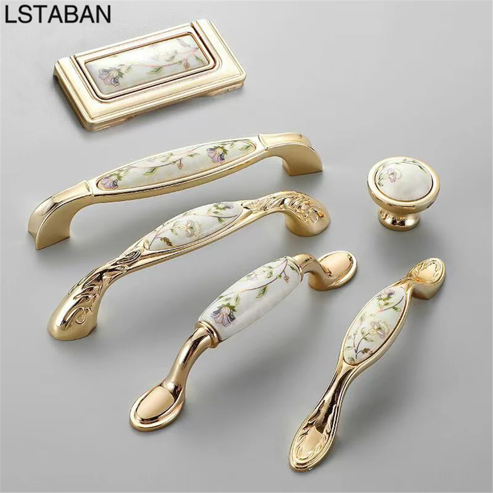 Eden Pastoral Gold Kitchen Cabinet Handle Zinc Alloy European Style Cabinet Door Knob Furniture Hardware Ceramic Drawer Pulls