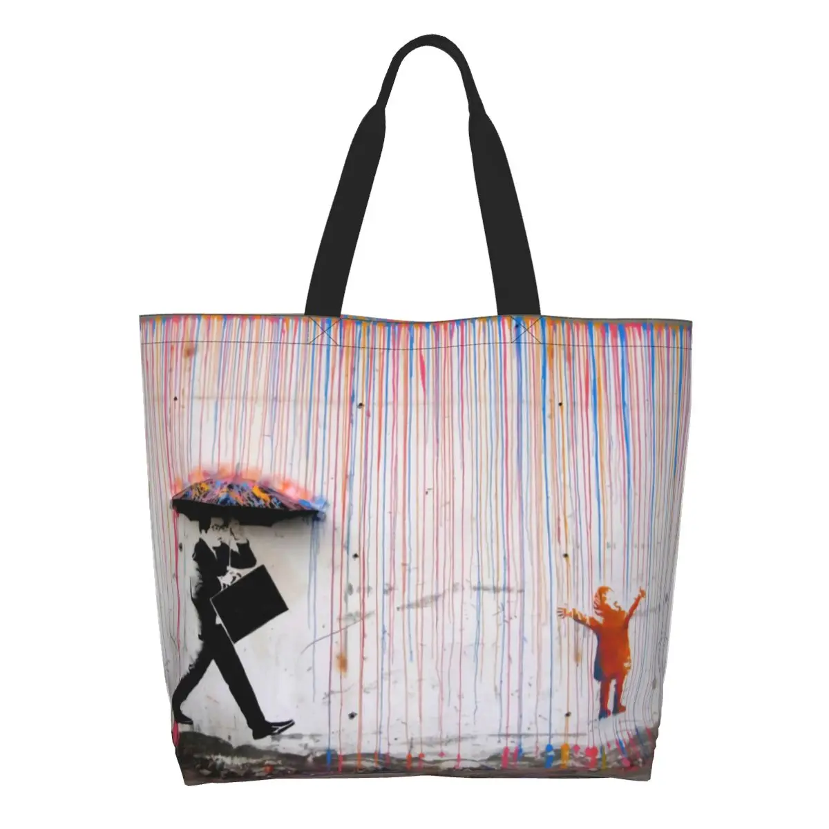 custom Banksy Umbrella Rainbow Girl Grocery Shopping Tote Bag Graffiti Art Canvas Shoulder Shopper Bags Big Capacity Handbags