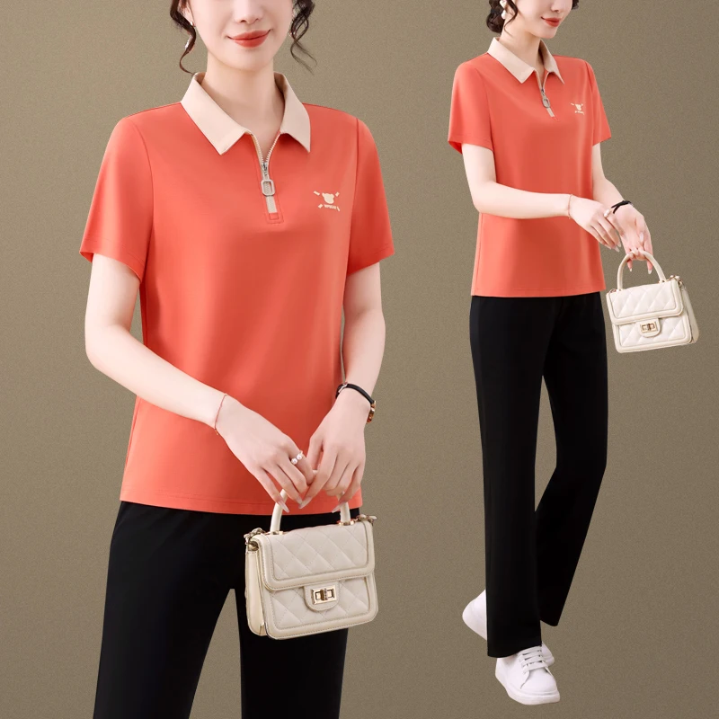 

Ice Silk ort Sve T-irt Set for 50 Year Old Mom Summer Sportswear Ensemble Lightweight Commute Sle Regular Length