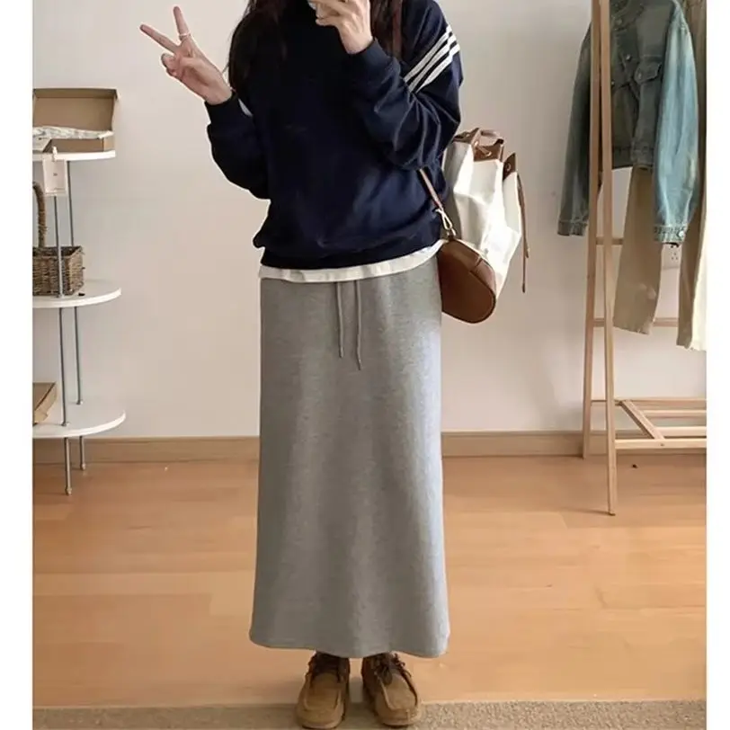 Deep Grey Drawstring High Waist A-Line Skirt Women's Lazy Style Versatile Loose Midi Skirt Breathable Skin-Friendly Casual Skirt