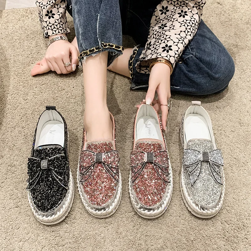 New Women Shining Rhinestone Loafers Bowknot Slip-on Thick Botton Casual Ladies Crystal Shoes Female Platform Sneakers Sports