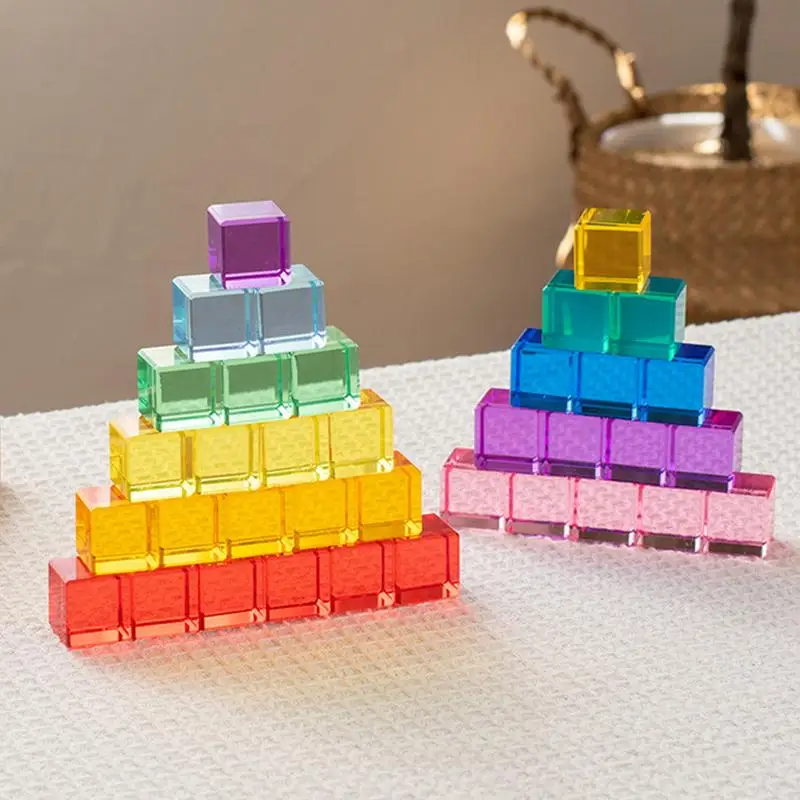 Acrylic Rainbow Cubes Montessori Stacking Toy Children Educational Sensory Toy Educational Sensory Training Crystal Toys 40Pcs