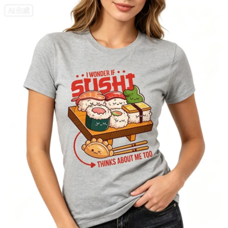 Women Slim Fit Crew Neck Cotton T-Shirt, I Wonder If Sushi Thinks About Me Too Cute Sushi Graphic Short Sleeve Tee