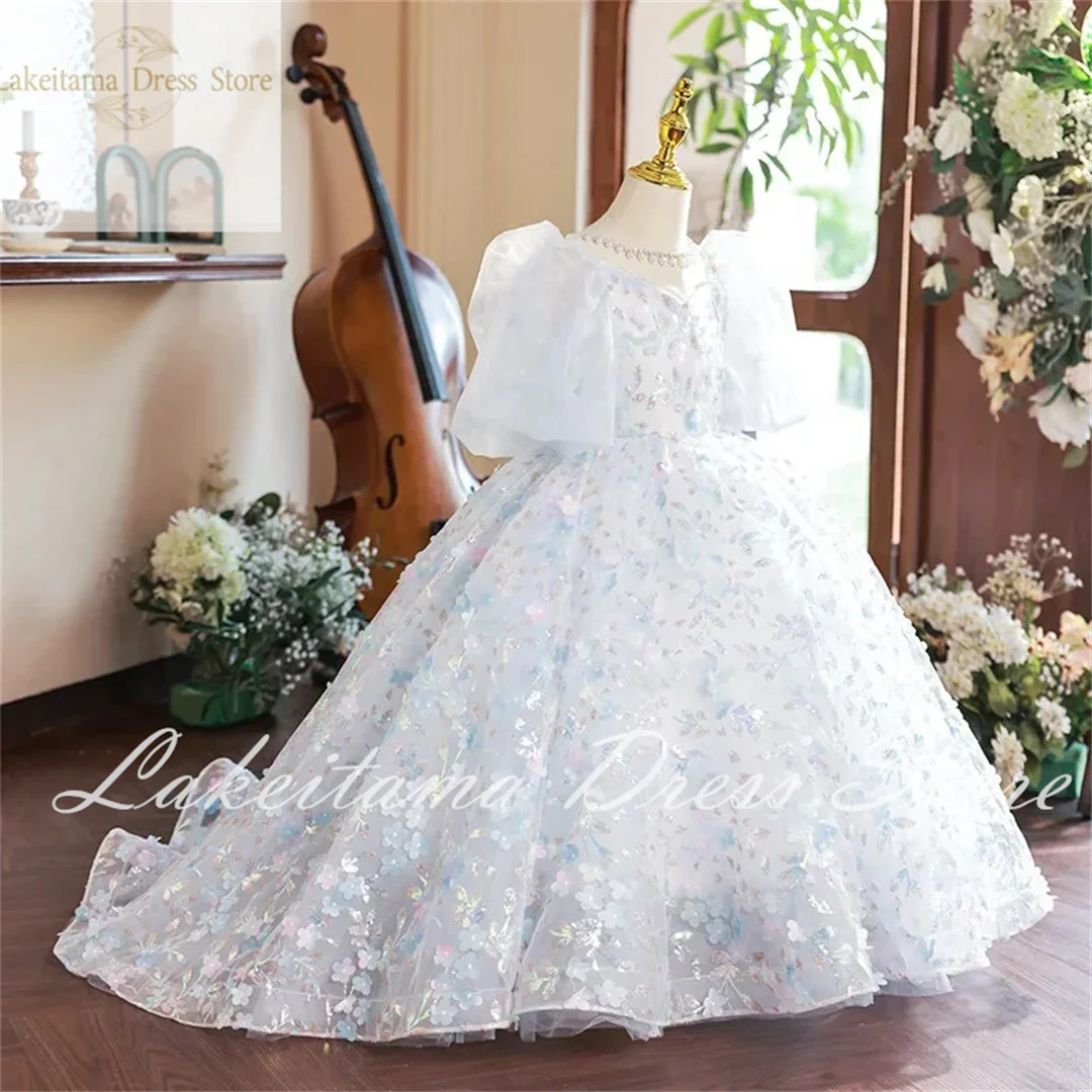 Vestidos de flores para niña, apliques de tul esponjoso blanco, encaje de boda, vestido de fiesta de cumpleaños de primera comunión, regalo para niña