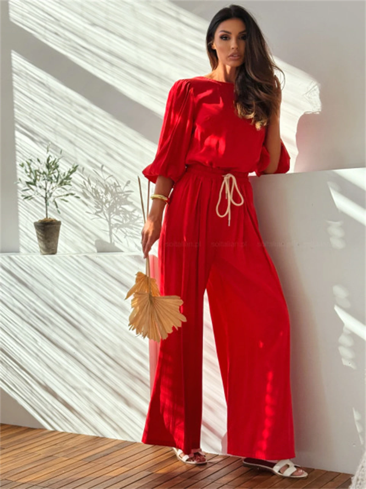 2025 New Women's Casual Set with Loose Fit Lightweight Solid Color Simple Design and Bow on Back