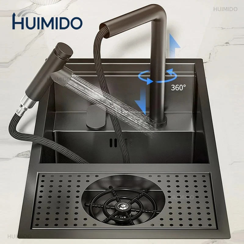Nano Black Small Size Kitchen Sink Cup Washer Hidden Bar Counter Cover Concealed Single Bowl Sinks With Lifting Faucet