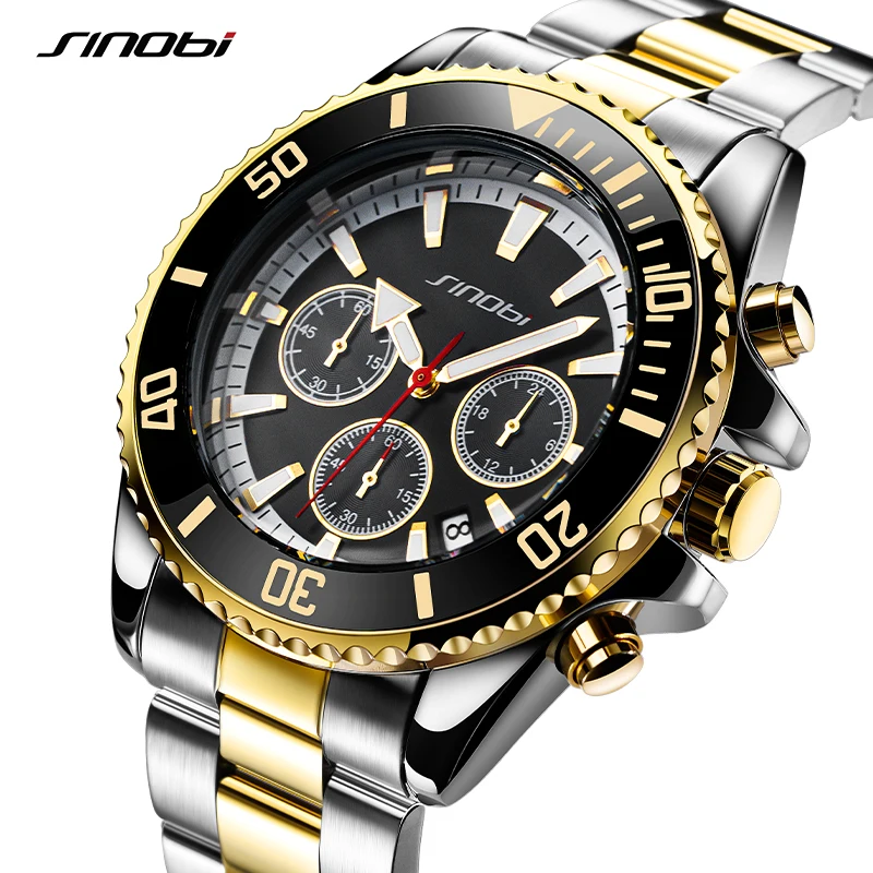 SINOBI Luxury Brand Business Men\'s Watch Fashion 43mm Dial Plate Stainless Steel Strap Calendar Date Sports Men Wristwatches