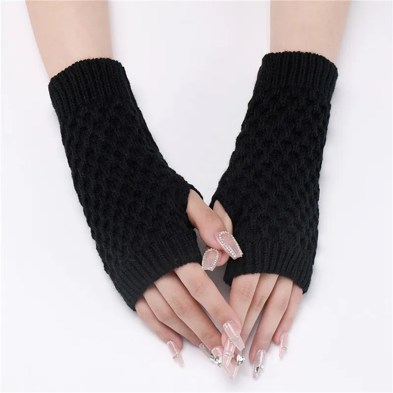 Autumn Winter Rhomboid Knitted Half Finger Arm Cover Arm Sleeves Warmers Women Windproof Cycling Wrist Gloves Decorative Sleeves