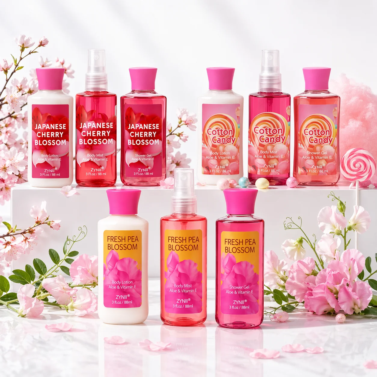 

Набор для ванны Sakura, Cotton Candy And Sweet Pea - гель для душа 88 мл, лосьон 88 мл и спрей для тела 88 мл, свежий увлажняющий подарок для нее
