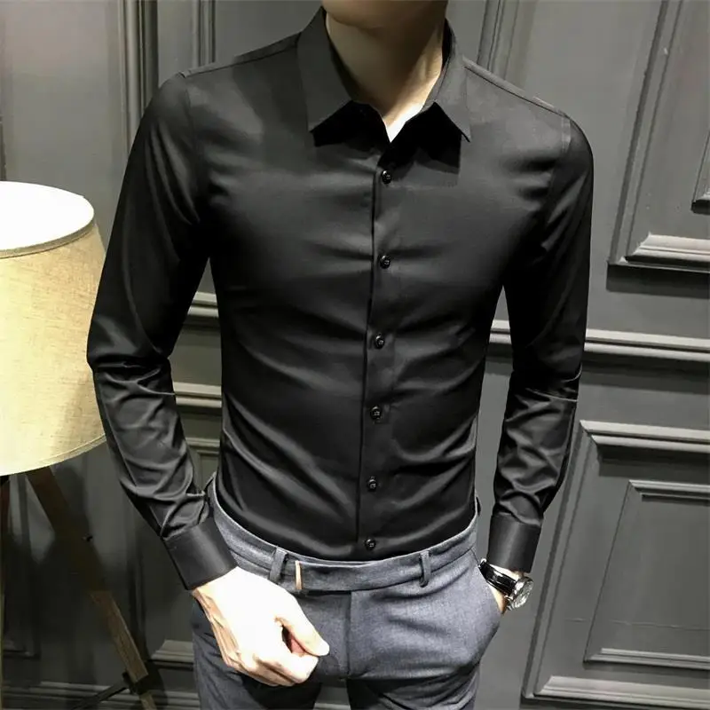 Camisa de vestido de manga longa de seda negócios simples homem topos camisas e blusas formais para homens escritório algodão com gola s roupas